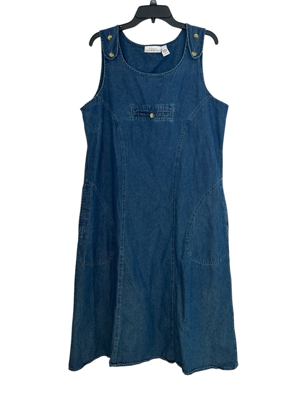 90s Vintage Dark Blue Denim Pinafore Overall Dress Size L Cotton Button Accent